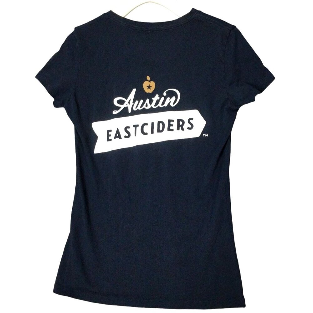 AUSTIN EASTCIDERS Shirt Womens SZ M Navy V-neck Short Sleeve Brewery Texas Cider